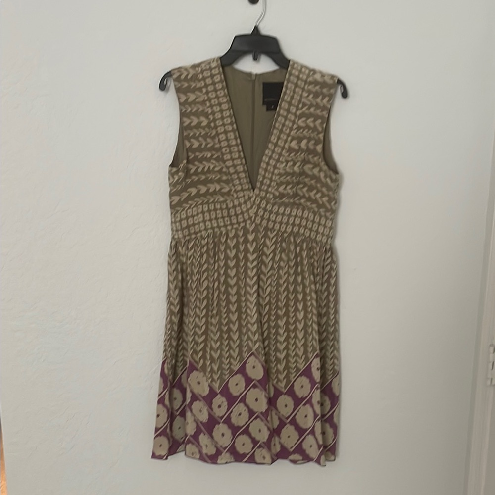 Anna Sui for Anthropologie Vintage  Tan and Purple Patterned Silk Dress 8💕